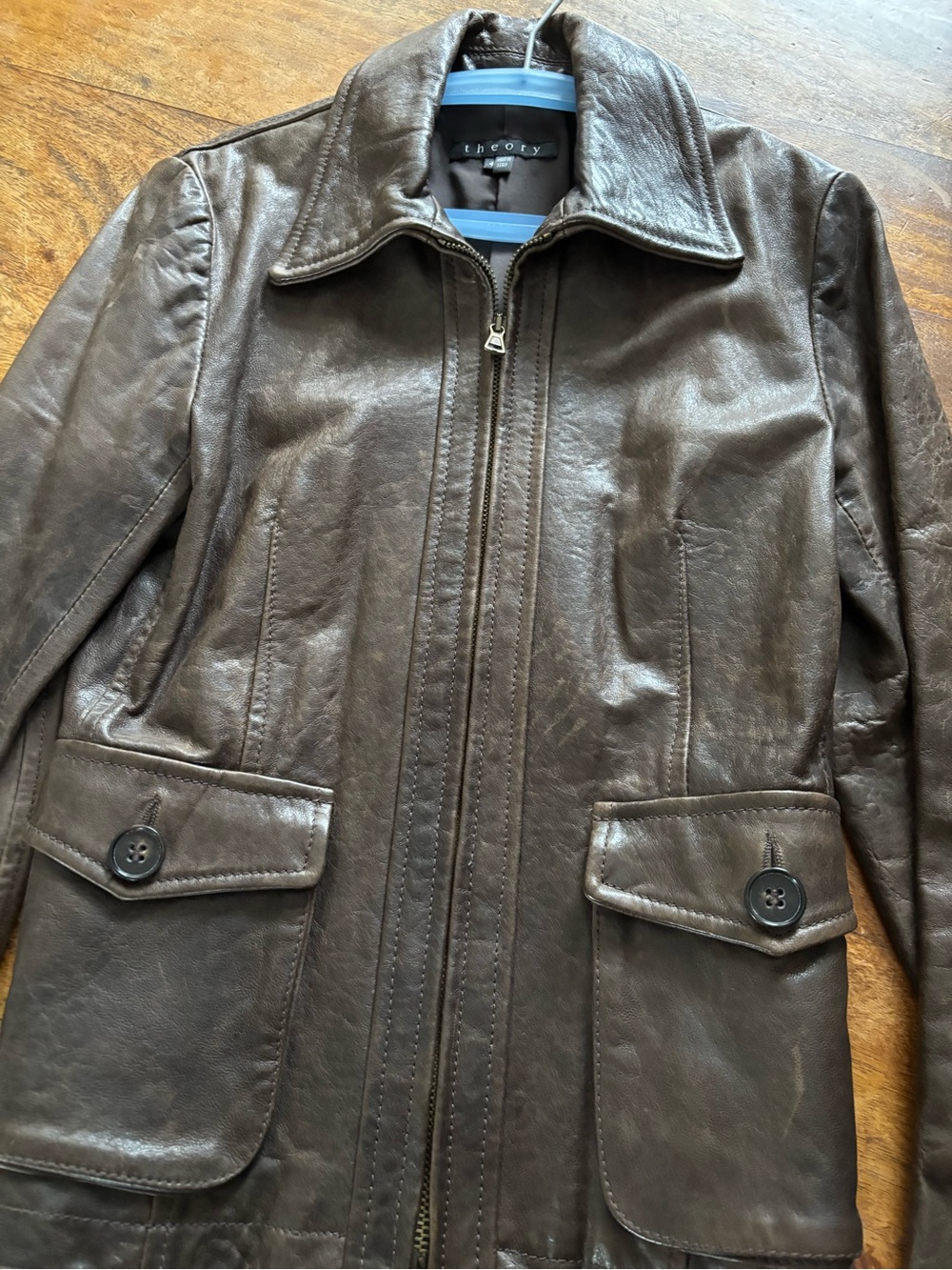 Theory Dark Brown Leather Jacket with Zip Detail